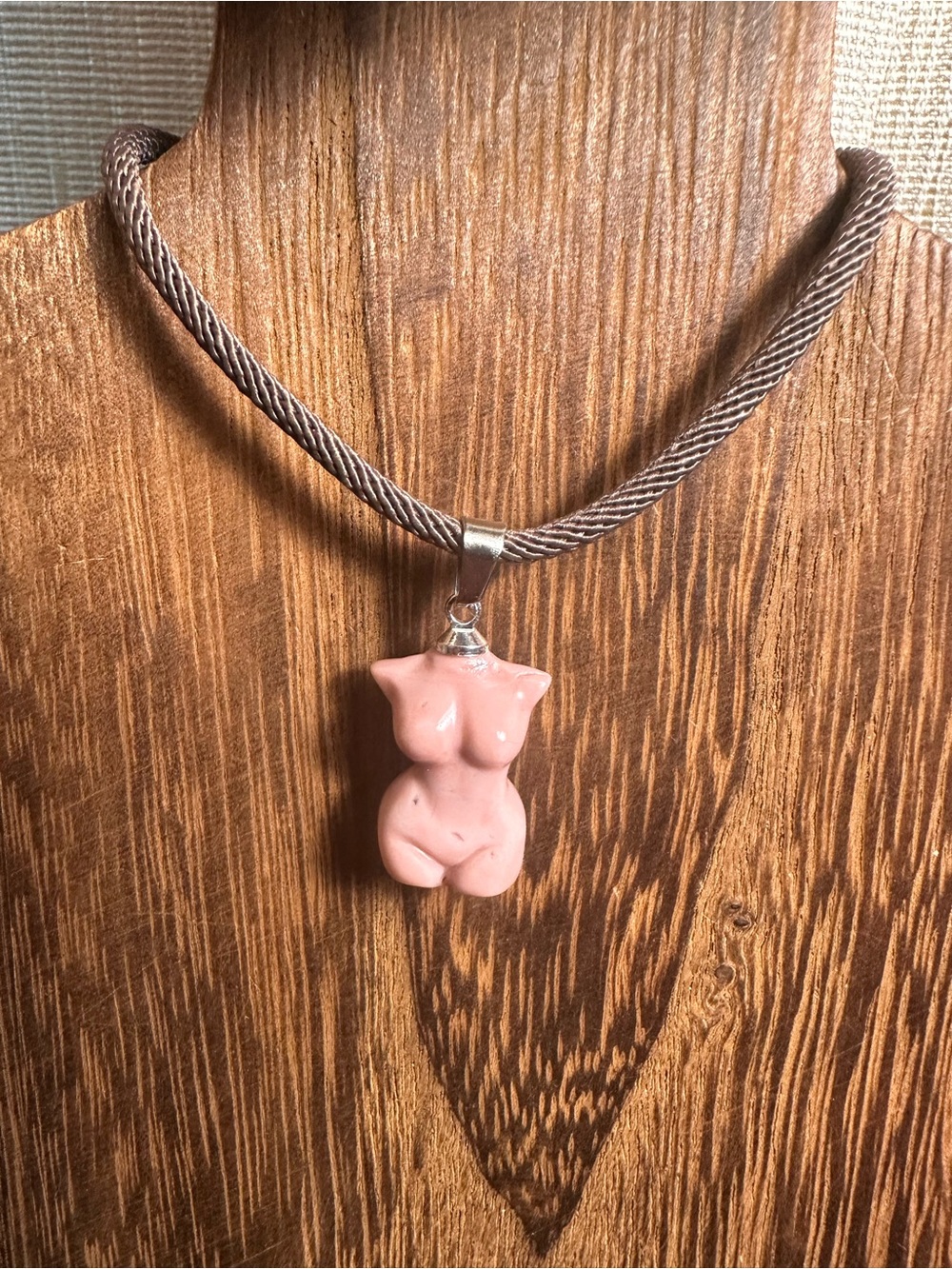 Mini Light Pink Alashan Agate Lady Body Carving Pendant Necklace on Brown Rope - Picture 6 of 16